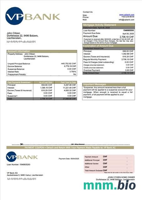 Liechtenstein VP Bank AG wyciąg z kredytu hipotecznego szablon Word i PDF